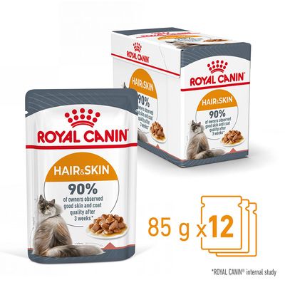 ROYAL CANIN FELINE CARE NUTRITION HAIR & SKIN GRAVY WET CAT FOOD POUCH, 85G