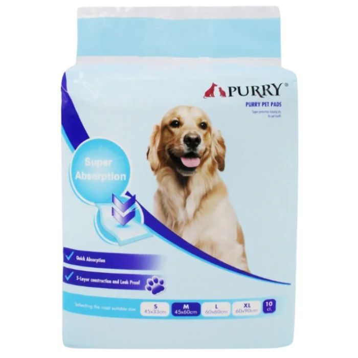 Purry Pet Training Pads Quick Absorbent , Leak Proof And 5 Layer With Floor Sticker 60x45 Cm - 10Pcs